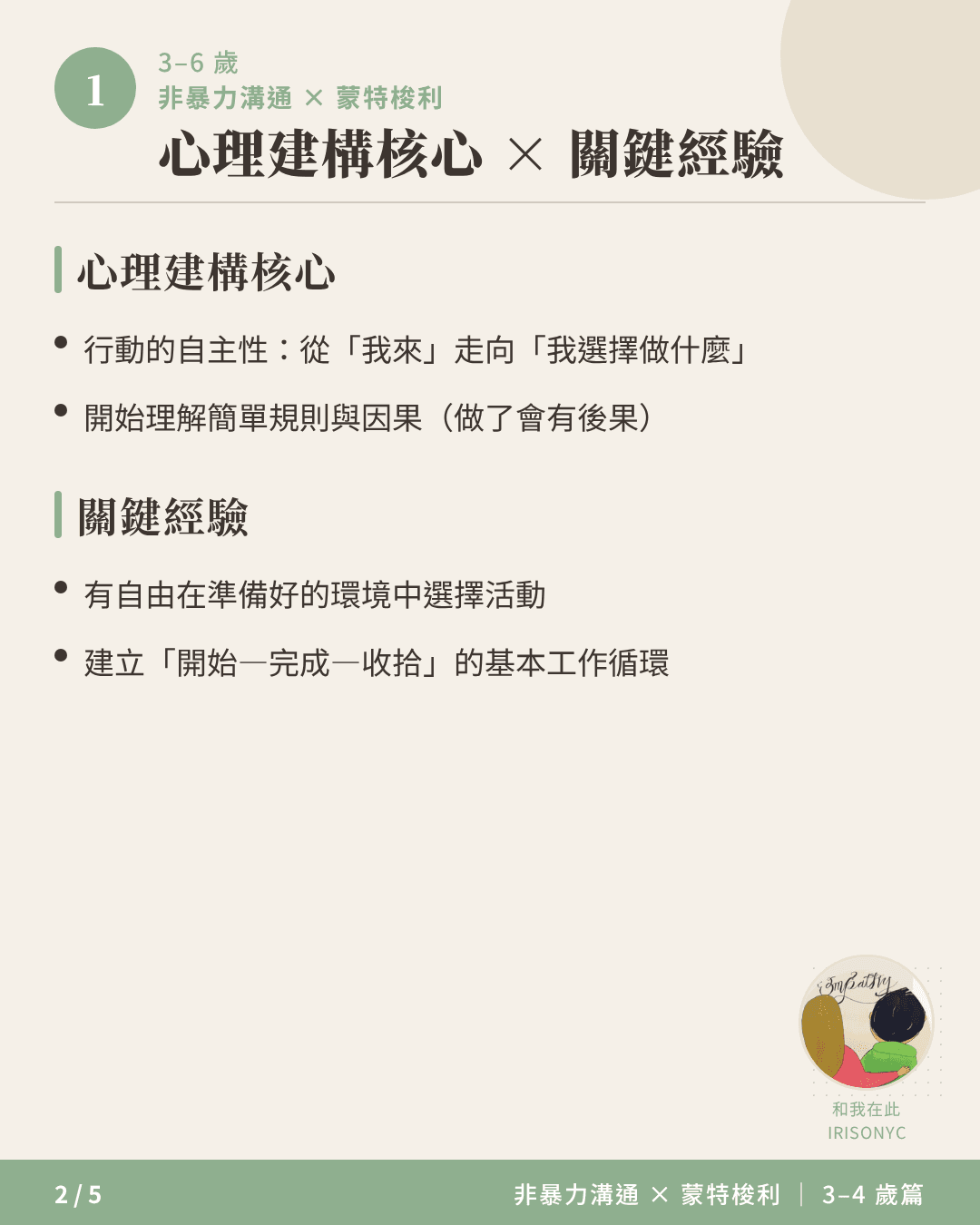 3-4歲心理建構核心與關鍵經驗說明卡,列出行動自主性與規則理解要點