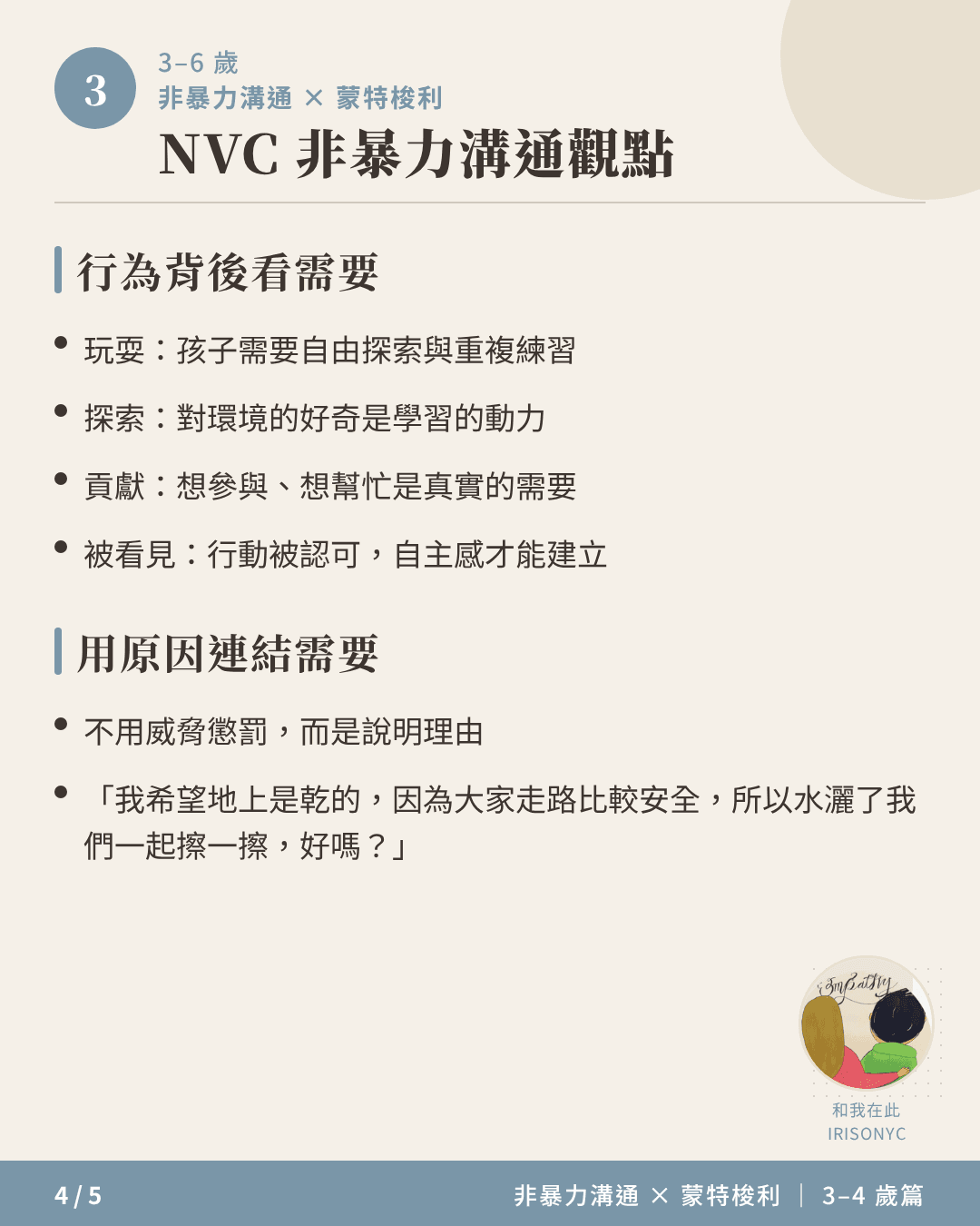 3-4歲非暴力溝通觀點說明卡,示範以原因連結需要的回應方式