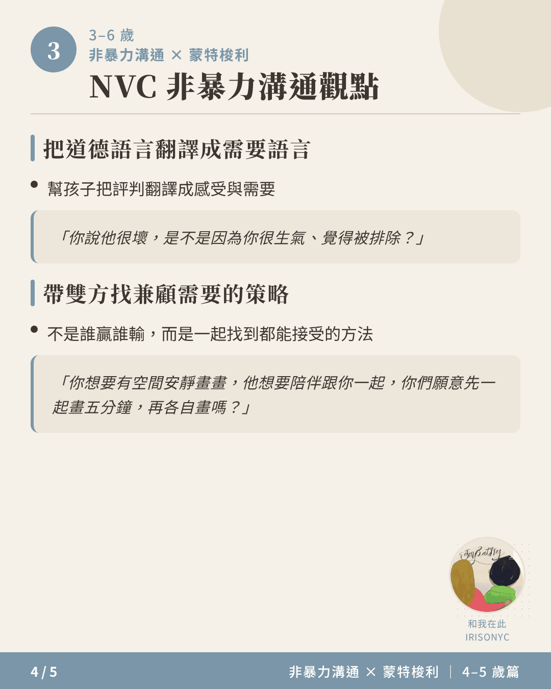 4-5歲非暴力溝通觀點說明卡,示範把道德語言翻譯成需要語言
