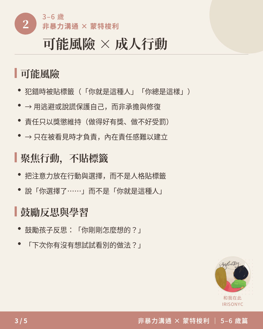 5-6 歲可能風險與成人行動:犯錯被貼標籤、責任只以獎懲維持,以及聚焦行動與鼓勵反思的做法